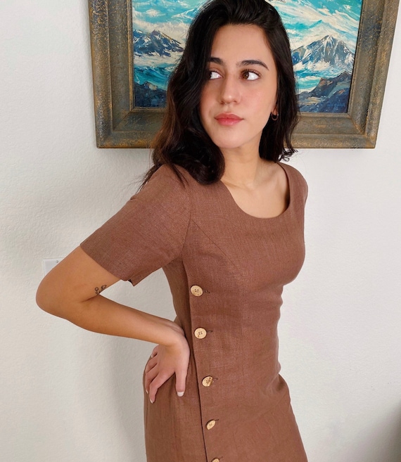 Brown Linen Side Button Maxi Dress