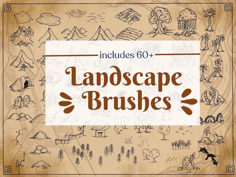 Example of landscape stamps in 130+ brush pack for Procreate. Map making tools for Procreate for Dungeons and Dragons D&D players
