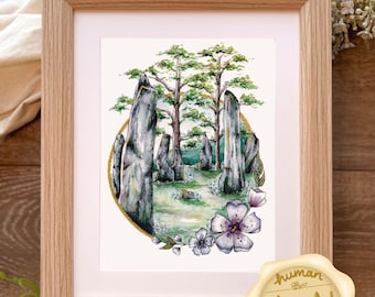 May include: A framed watercolor print featuring a landscape with tall, gray stone formations and green trees. The artwork is accented with purple flowers and a gold circular border. The frame is light-colored wood, and a wax seal with the text "No AI made" is visible.