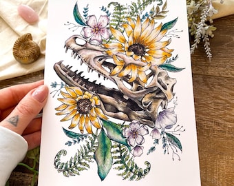 Velociraptor Skull Floral Watercolor Print | Dinosaur Wall Art