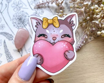Cat heart hug sticker x1 - Journal, scrapbook, laptop sticker pink cute cat holding heart [Matte OR Holographic]