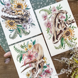 Dinosaur Skull Art Print – Floral Watercolor Paleontology Decor – Cottagecore Jurassic Wall Art