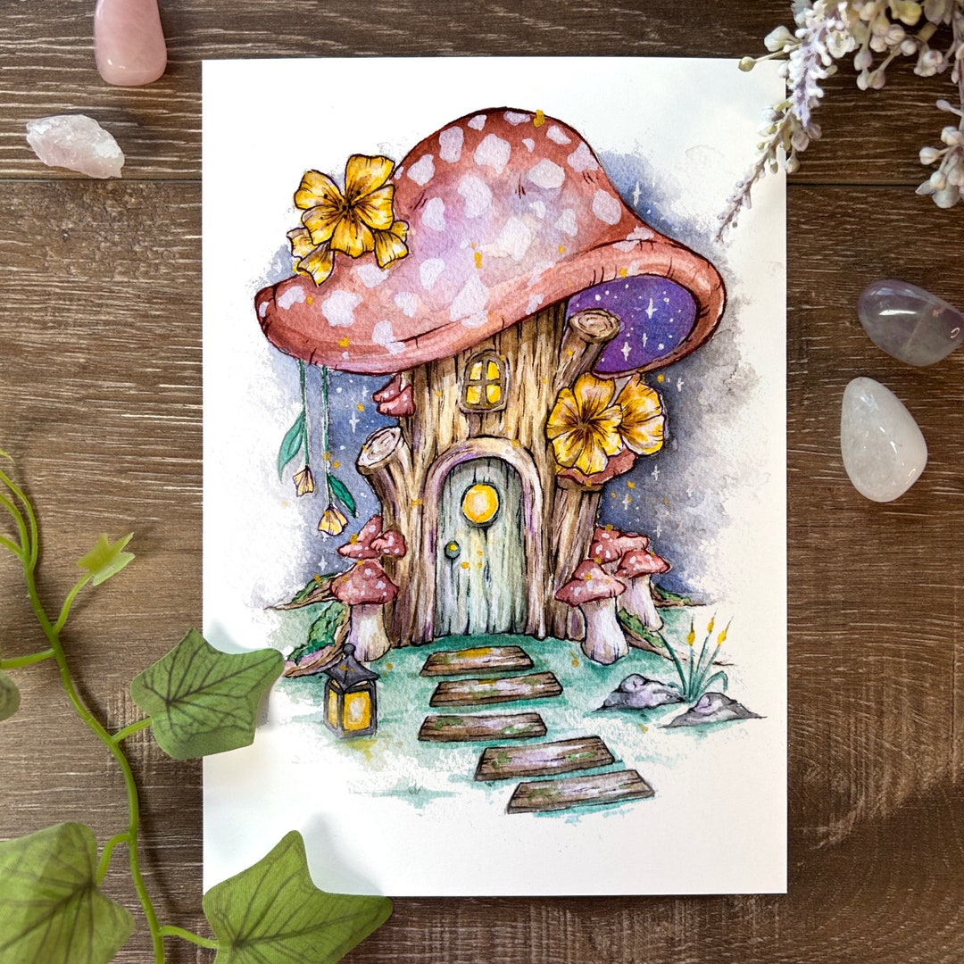 Mushroom Fairy Home Watercolour Fine Art Print | Whimsical Cottagecore ...