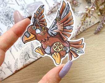 Steampunk Eagle sticker x1 - Journal, scrapbook, laptop sticker cute chibi cyborg bird with gears [Matte]