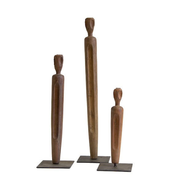 Woodkings 3er Set Holzfiguren Dekoration Figur Altholz mit Metallstand Gartendeko Beetdeko indische Holzfiguren geschnitzt