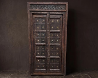 Dekotür Doppeltür Boho Außentür Holztür geschnitzte indische Tür Unikat Einzelstück Haustür Tempeleingangstür Vintage Altholz Upcycling