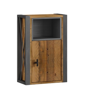 May include: A rustic wall-mounted cabinet with a wooden door and open shelf. The cabinet features a natural wood finish with a dark gray metal frame and accents. The door has a black handle.