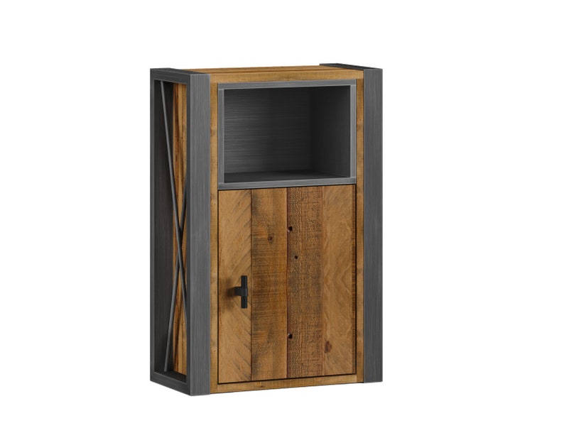 May include: A rustic wall-mounted cabinet with a wooden door and open shelf. The cabinet features a natural wood finish with a dark gray metal frame and accents. The door has a black handle.