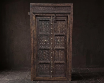 Zimmertür Vintage Altholz India Holztür geschnitzte indische Tür Unikat Einzelstück alte antike Haustür Doppeltür Boho Eingangstüren