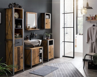 Woodkings Bad Set 5tlg. Detroit Badezimmer Möbel rustikal industrial Design Unterschrank Hängeschrank Spiegel mit Ablage Hochschrank Kommode