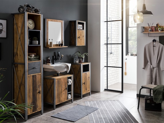 Juego de baño Woodkings 5 piezas. Muebles de baño Detroit diseño industrial  rústico mueble bajo mueble de pared espejo con estante mueble alto cómoda -   España