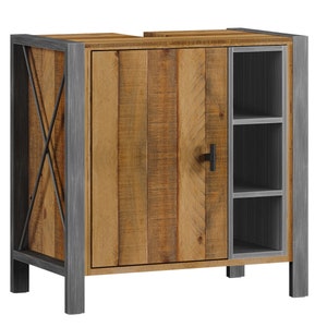 May include: A rustic-style cabinet with a wooden door and side panel with shelves. The cabinet features a natural wood finish with a gray metal frame and accents. The door has a black handle.