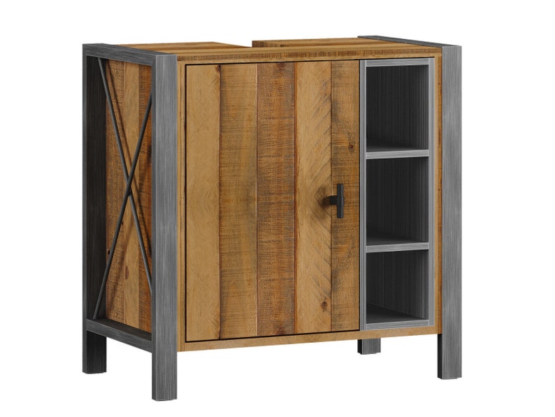 May include: A rustic-style cabinet with a wooden door and side panel with shelves. The cabinet features a natural wood finish with a gray metal frame and accents. The door has a black handle.