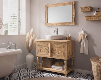 Woodkings Badmöbel Set 2-teilig natur 80 cm Santa Cruz Waschtisch Spiegel Mangoholz lackiert Massivholz Holz Badezimmer Badset Schnitzereien
