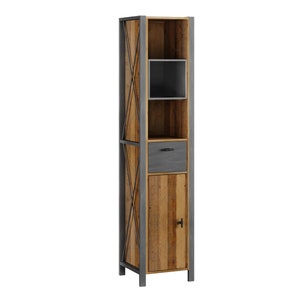 May include: Tall, narrow wooden cabinet with a rustic, industrial design. It features a mix of light and dark wood tones, a gray drawer, a cabinet door, and a metal frame. The cabinet has multiple shelves and a door with a small handle.