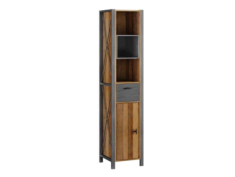 May include: Tall, narrow wooden cabinet with a rustic, industrial design. It features a mix of light and dark wood tones, a gray drawer, a cabinet door, and a metal frame. The cabinet has multiple shelves and a door with a small handle.