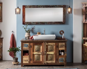 Woodkings Badmöbel Set 2-teilig Sumana recyceltes Holz Waschtisch Spiegel lackiert massiv Holz Badezimmer Waschbeckenschrank Buddha-Motive
