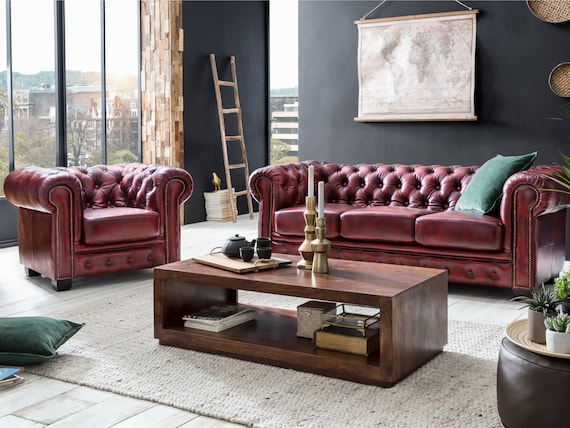 Woodkings Chesterfield Sessel mit Armlehnen Echtleder antik Rot Wohnzimmer Möbel Ledersessel NEU
