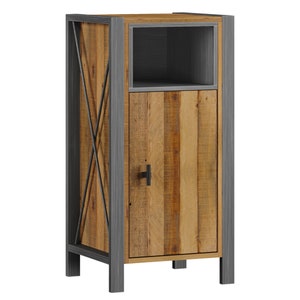 May include: A rustic cabinet with a wooden door and a small open shelf. The cabinet has a metal frame with an X-shaped design on the sides. The wood has a natural, light brown color.