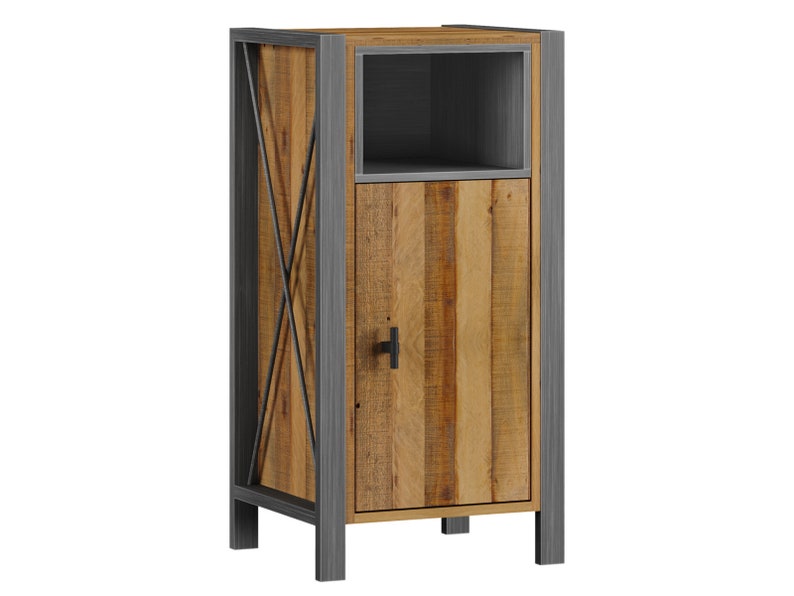 May include: A rustic cabinet with a wooden door and a small open shelf. The cabinet has a metal frame with an X-shaped design on the sides. The wood has a natural, light brown color.