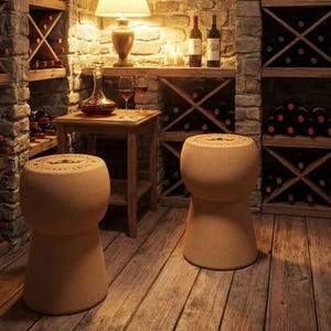 Könnte beinhalten: Zwei korkförmige Hocker in einem Weinkeller. Die Hocker sind hellbraun mit einer kreisförmigen Oberseite. Der Keller verfügt über Steinmauern, Holzregale mit Weinflaschen und einen kleinen Holztisch mit Weingläsern.