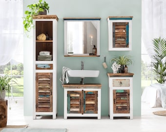 Woodkings 5-piece bathroom furniture set Perth, bathroom cabinet with mirror, reclaimed wood, rustic solid wood, bathroom, painted white/multicolored, shabby chic