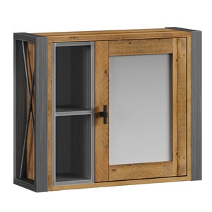 May include: A rustic wall-mounted cabinet with a mirrored door and open shelving. The cabinet features a natural wood finish with a gray metal frame and accents. The door has a black handle. The cabinet is designed for storage.