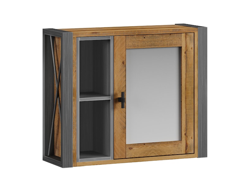 May include: A rustic wall-mounted cabinet with a mirrored door and open shelving. The cabinet features a natural wood finish with a gray metal frame and accents. The door has a black handle. The cabinet is designed for storage.
