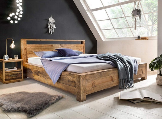 Cama Woodkings 180x200 Cama doble Havelock pino reciclado dormitorio  rústico diseño de madera maciza cama doble Muebles naturales macizos  Muebles de madera real -  México