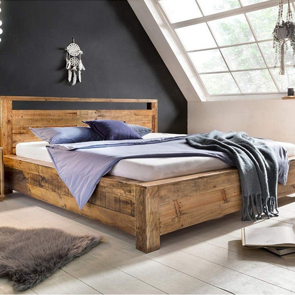 Woodkings Bett 180x200 Havelock Doppelbett recycelte Pinie rustikal Schlafzimmer Massivholz Design Ehebett Massive Naturmöbel Echtholzmöbel