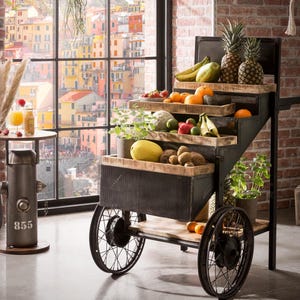 Könnte beinhalten: Ein rustikaler Obstständer aus Metall und Holz, der eine Vielzahl frischer Produkte präsentiert. Der Ständer hat mehrere Ebenen mit Ananas, Bananen, Orangen und anderen Früchten. Der Ständer steht in der Nähe eines Fensters mit Blick auf farbenfrohe Gebäude.