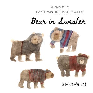 süße handgemaltes Aquarell Bären Clipart  mit Pullover Clipart Bündel als Digitaler Download (PNG, Transparent)