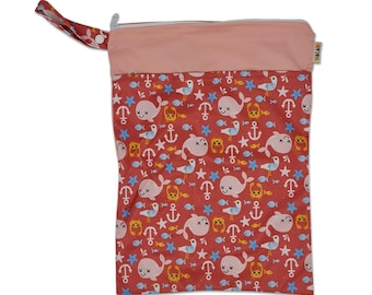 Medium Waterproof Wet Bag with Zip 30 x 40cm - Pink Whales