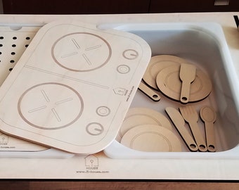 LiL HOUSE プレイキッチンインサート Trofast ビン用 IKEA Flisat テーブル、Flisat キッチンインサート、木製インサート IKEA センサリービンインサート、Flisat Trofast