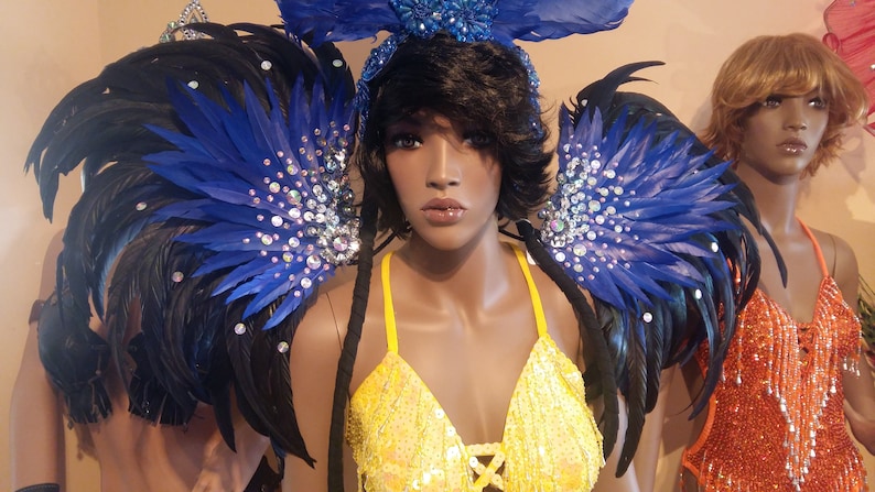 NEW DARK BLUE Feather Wings,Stage Performance,Dance wear,Drag Queen,Gay Guy-Brazilian Rio Costume.Samba Beads Carnival-Backpack,Headpiece