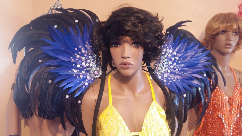 NEW DARK BLUE Feather Wings,Stage Performance,Dance wear,Drag Queen,Gay Guy-Brazilian Rio Costume.Samba Beads Carnival-Backpack,Headpiece