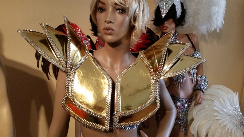 Stage Performance-Brazilian Costume-Mardi Gras-Sci-Fi Carnival-Burning Man-Pride Parade Female GOLD SHOULDER PADS Chest piece Gladiator