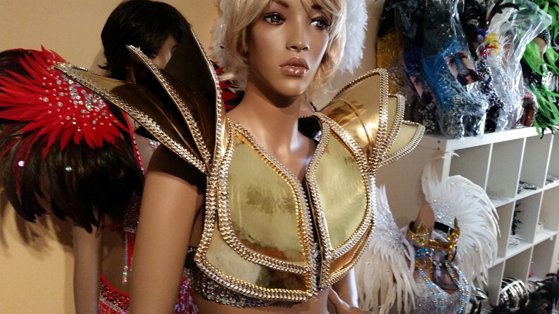 Stage Performance-Brazilian Costume-Mardi Gras-Sci-Fi Carnival-Burning Man-Pride Parade Female GOLD SHOULDER PADS Chest piece Gladiator