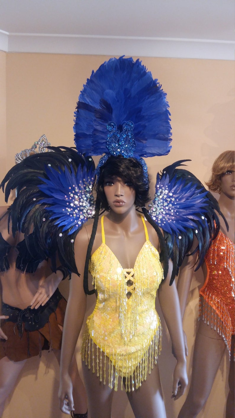 NEW DARK BLUE Feather Wings,Stage Performance,Dance wear,Drag Queen,Gay Guy-Brazilian Rio Costume.Samba Beads Carnival-Backpack,Headpiece