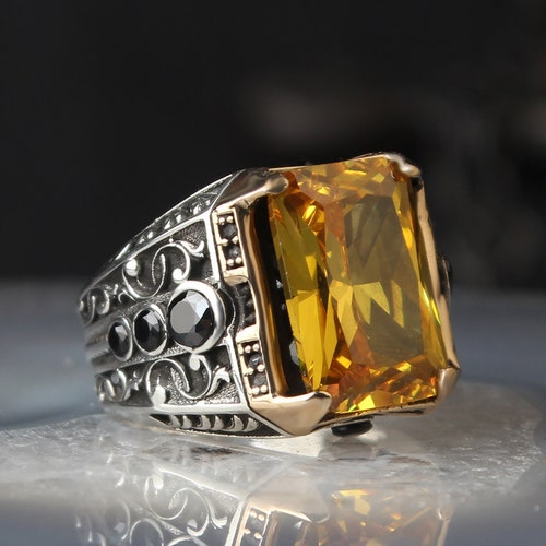 Sterling Silver Ring Yellow Citrine Stone Ring Turkish - Etsy