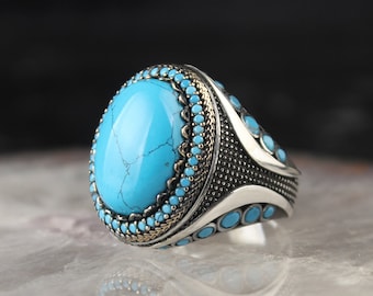 silver ring Precious stone authentic style, Turquoise handmade naturel stone Firuze