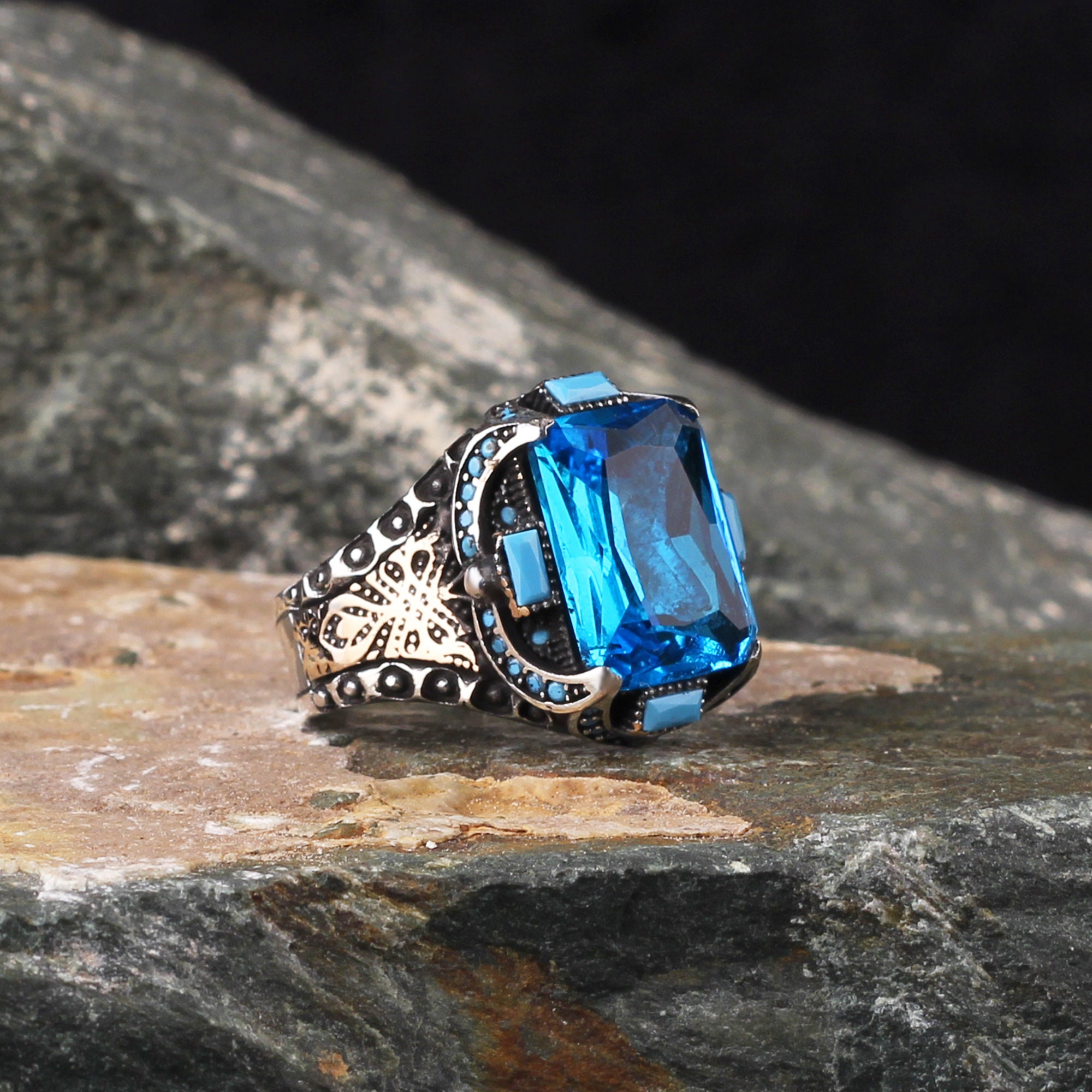  Mens Blue Topaz Ring, Solid 925 Sterling Silver