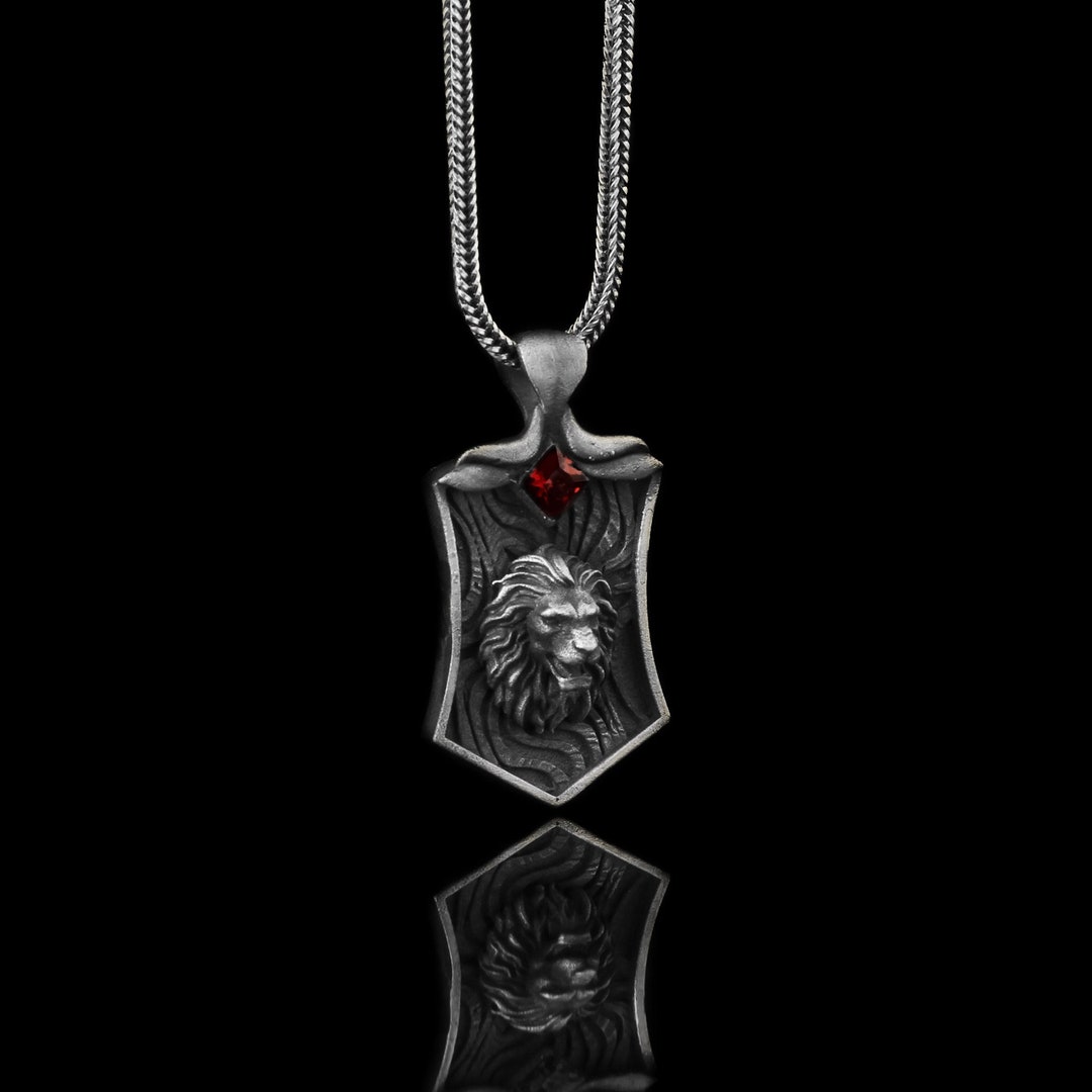 925 Sterling Silver Lion Necklace , Oxidized Silver Necklace , Mens