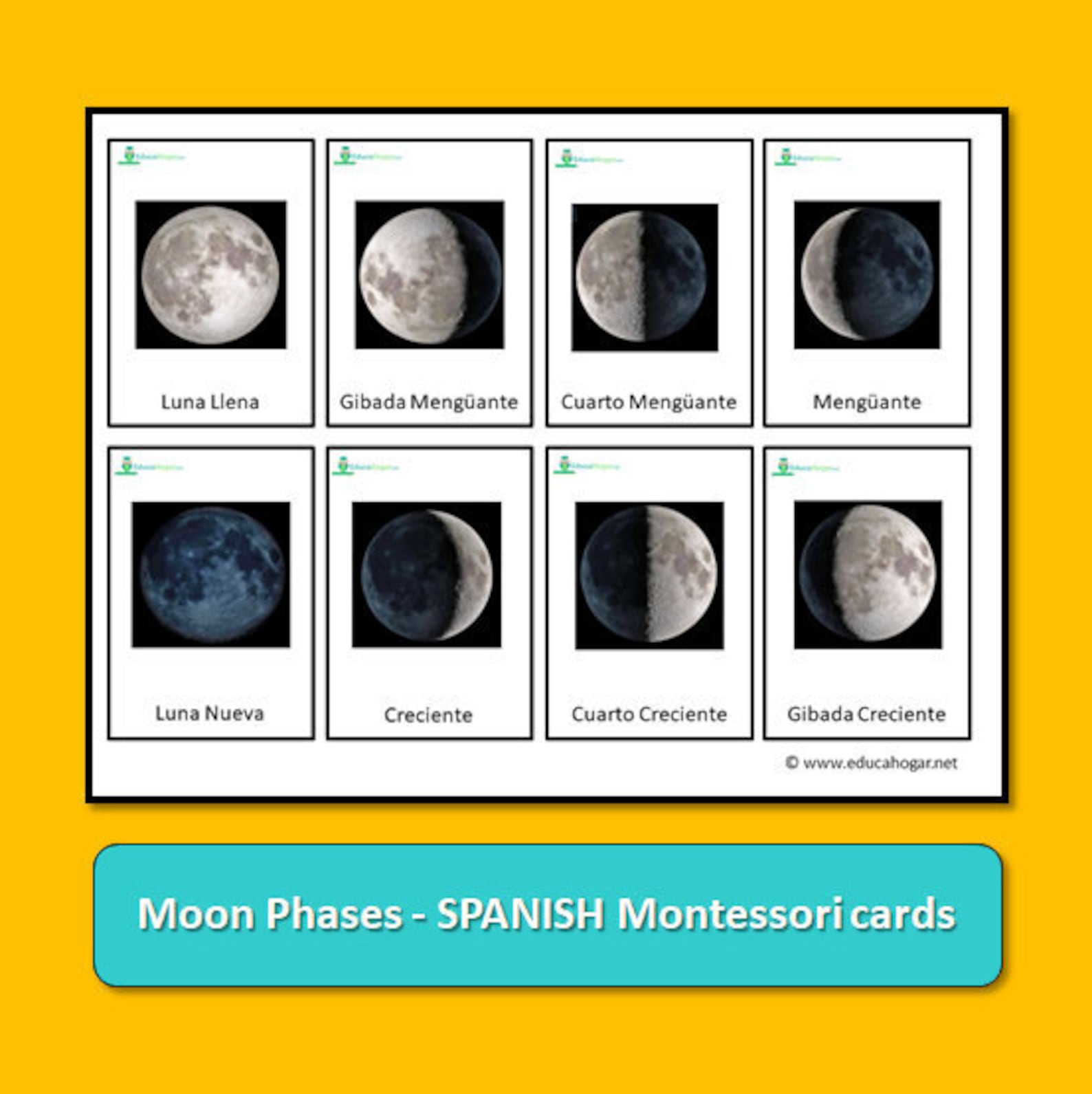 Moon Phases SPANISH Montessori Cards Etsy