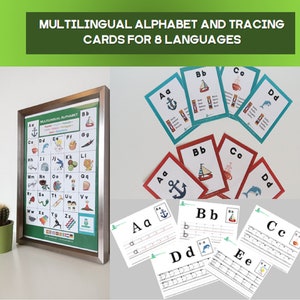 Multilingual alphabet: poster, flashcards and tracing cards