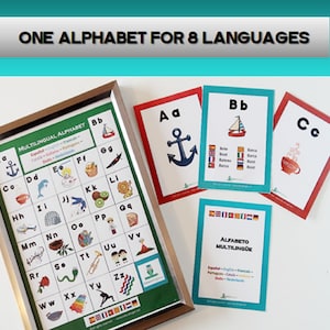 Może przedstawiać: Oprawiony wielojęzyczny wykres alfabetu i kolorowe fiszki. Wykres przedstawia litery z odpowiadającymi im obrazami i słowami w wielu językach. Fiszki pokazują poszczególne litery z powiązanymi obrazami i słowami. U góry znajduje się tekst "ONE ALPHABET FOR 8 LANGUAGES".