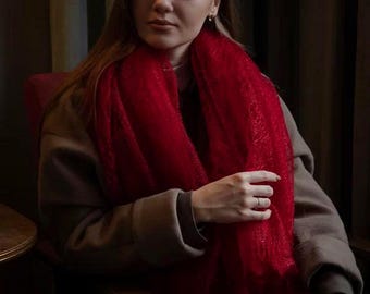Handmade Orenburg Goat Down Shawl, Burgundy Knit Wrap, 150cm Square