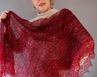Handmade Orenburg Goat Down Shawl: Red & Black Knitted Wrap