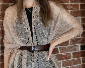 Handmade Beige Angora Shawl: Soft Knitted Goat Down Wrap