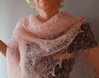 Handmade Orenburg Goat Down Shawl: Pink Knitted Wrap